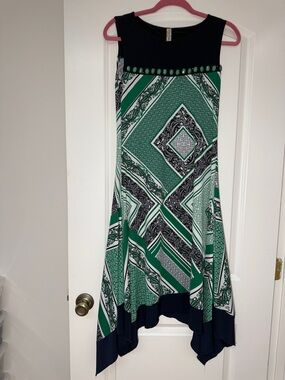 PerSeption Concept Green Black Geometric dress with Asymmetrical Hem